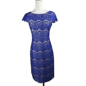 Darling Eyelash Lace Sheath Dress‎ XS Blue Beige Cocktail Cap Sleeve